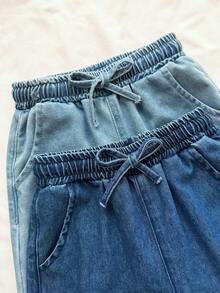 Young Girl Plain Pocket Twist Casual Loose Denim Jeans - Multicolor - View 4