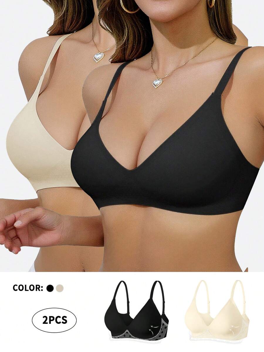 Wedaily 2pcs/Set Bra Tanpa Jahitan dan Tanpa Kawat untuk Wanita, Mengangkat dan Memperindah Bentuk V Dalam, Mencegah Kendur, Warna Polos, Bra Tanpa Punggung yang Nyaman, Hitam Putih, Musim Panas - MultiWarna - View 1