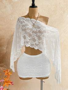 Soleia White Sequin Sheer Asymmetric Shoulder Loose Top + Ruched Waist Floral Skirt, Suitable For Party Beach, Vacation, Music Festival, Bohemian Style Boho - White - View 6