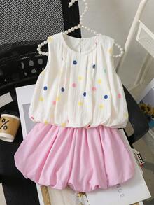 Genkimix Kids Genkimix 女童彩色波点印花休闲无袖上衣 + 纯色休闲荷叶边短裤套装（2件） - 彩色 - 查看 1