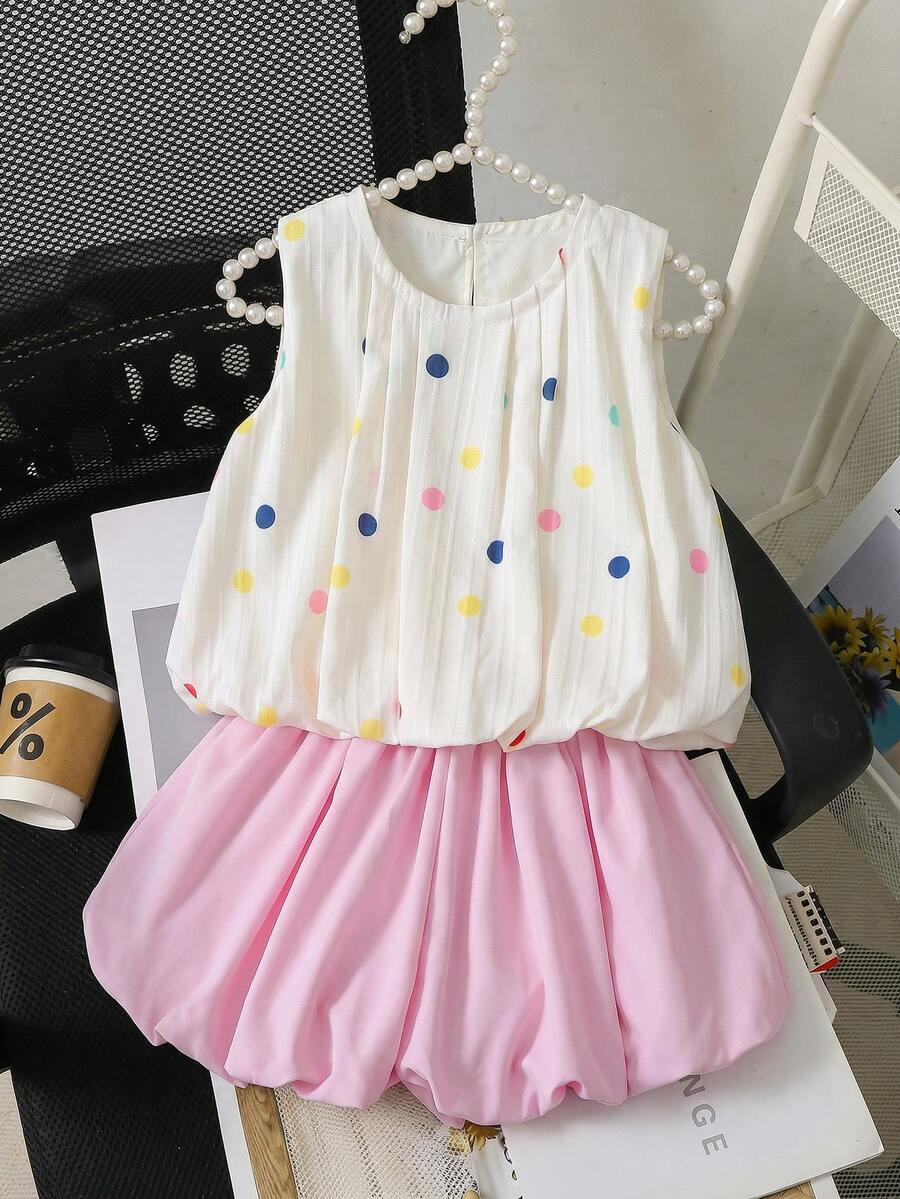 Genkimix Kids Genkimix 女童彩色波点印花休闲无袖上衣 + 纯色休闲荷叶边短裤套装(2件) - 彩色 - 查看 1