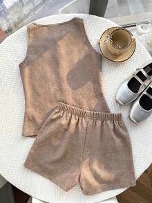 Tween Girl Metal Starfish Decor Camisole And Shorts Vacation Casual Outfit - Multicolor - View 2