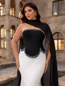 Aureia Vestido de noche elegante de talla grande con bloques de color negro y blanco, tela elástica, sin tirantes, con adorno de cuentas y corte de sirena, con capa de gasa para invitada de boda, dama de honor, baile de graduación y ocasiones formales - Blanco y Negro - Ver 6