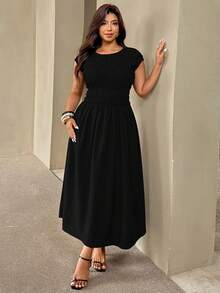 Auralis Plus Size Women Summer Casual Vacation Minimalist Solid Color Shirred Bodice Cinching Waist Dress - Black - View 7