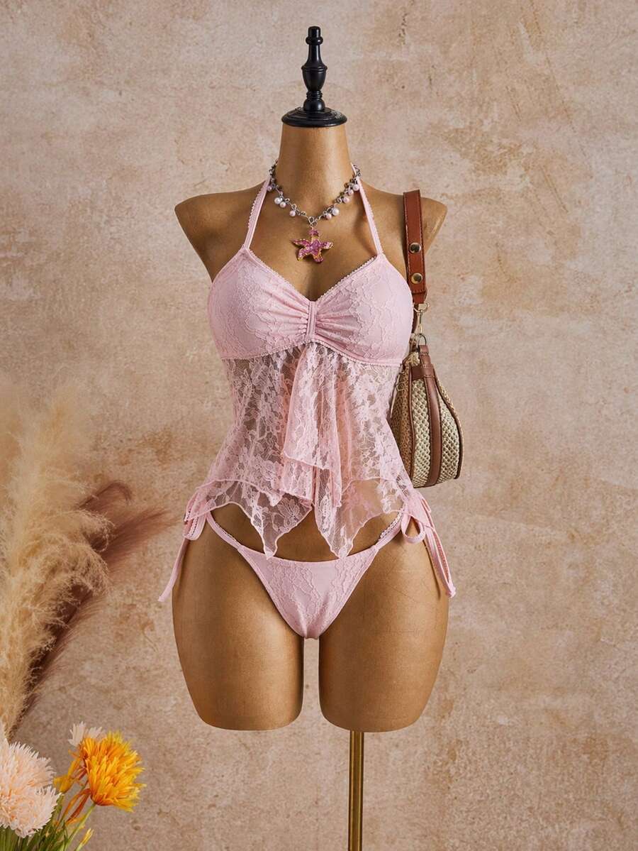 Bellisia Bộ bikini 2 mảnh màu trắng ngà ren hoa trang trí nơ xinh xắn, thích hợp cho kỳ nghỉ xuân/hè 26SS. - Hồng - Xem 1