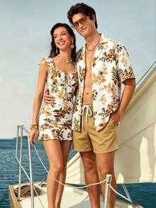 Manfinity VDAYZ Men's Floral Print Short Sleeve Shirt And Shorts Beach Outfit - Khaki - View 3