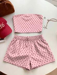 SHEIN EZwear 粉色底棕色圓點 2 件套，適合度假、畢業季、夏季上衣、日常通勤、約會、聚會、秋冬/夏季、聖誕節、新年、感恩節、派對、婚禮、海灘、畢業典禮、時尚、優雅、休閒、外出、約會、預約、通勤、閃亮、情人節、優雅、度假、休閒、Y2K、外出、畢業典禮等 - 彩色 - 查看 4