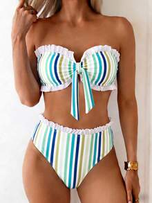 Swim Mod Spring/Summer Beach Vacation Striped Print 2 Pieces Set, Ruched Neckline, Ruffled Hem Pants - Multicolor - View 3