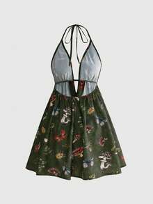ROMWE Fairycore Summer Vacation Mushroom Moth Plant All-Over Print Halter Backless Mini Dress - Army Green - View 2