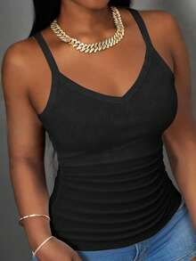 Slaydiva Tank Top Kasual Musim Panas Wanita Warna Hitam, Rompi Dasar Serbaguna dengan Kerah V Bergaris dan Bagian Belakang Model Racerback untuk Yoga, Olahraga, Pantai, Pesta, dan Pakaian Liburan - Hitam - View 7