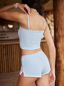 Lullawish Bohemian Cute Style Casual Lace Patchwork Bow Decor Slit Solid Color Camisole Women Pajama Set Lounge Light Blue Summer - Baby Blue - View 2