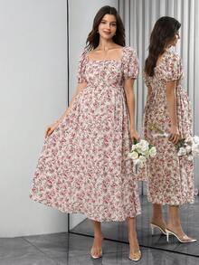 SHEIN Floral Print Maternity Dress With Short Sleeves Holiday Vacation Beige Summer Boho - Pink - View 1