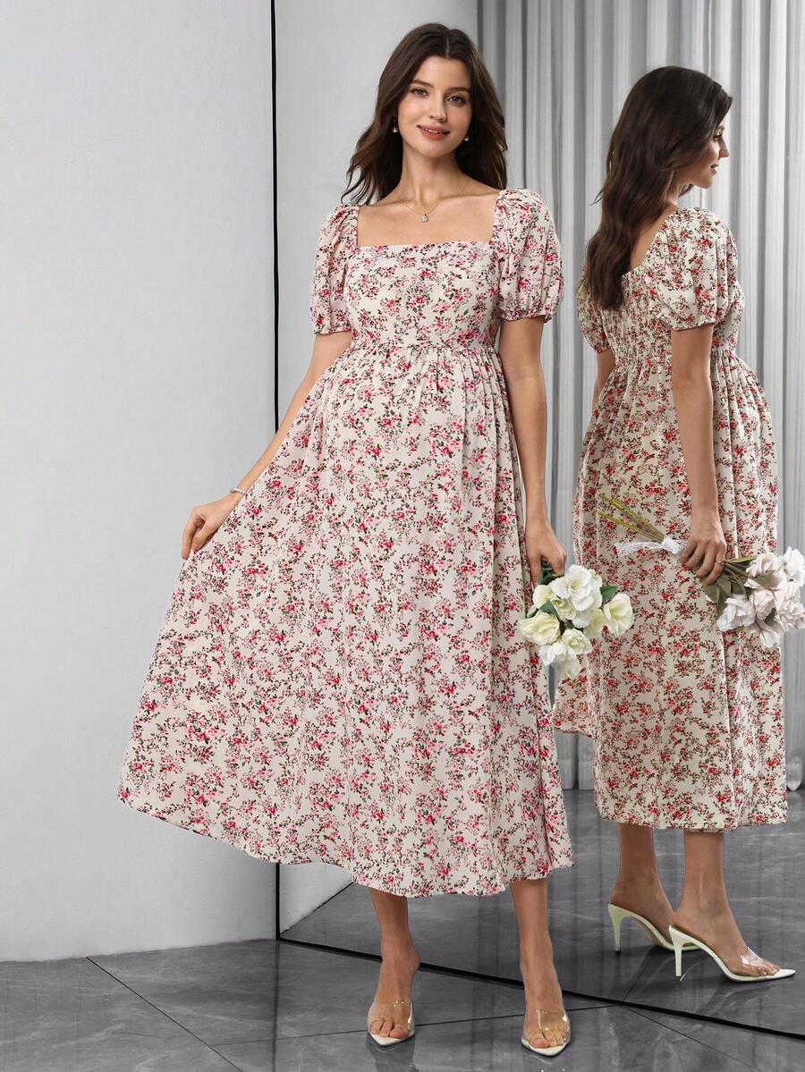 SHEIN Đầm bầu in hoa tay ngắn - Hồng - Xem 1