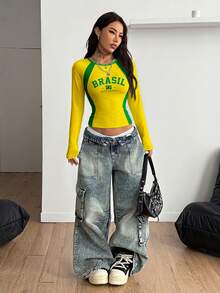 Coolane Casual Minimalist Yellow-Green Contrast Color Raglan Sleeve T-Shirt, Suitable For Summer - Multicolor - View 3