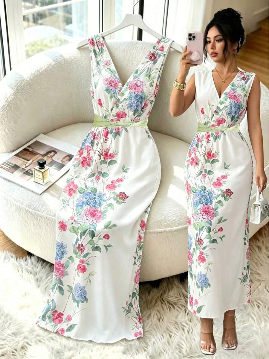 SHEIN Elenzya Standard Size Women's Vacation Printed Tie-Up Elegant Long Dress - Apricot - View 1