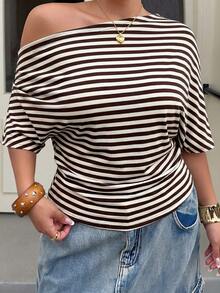 Muchica Plus Size Summer Casual Asymmetric Neck Striped Short Sleeve T-Shirt - Brown - View 5