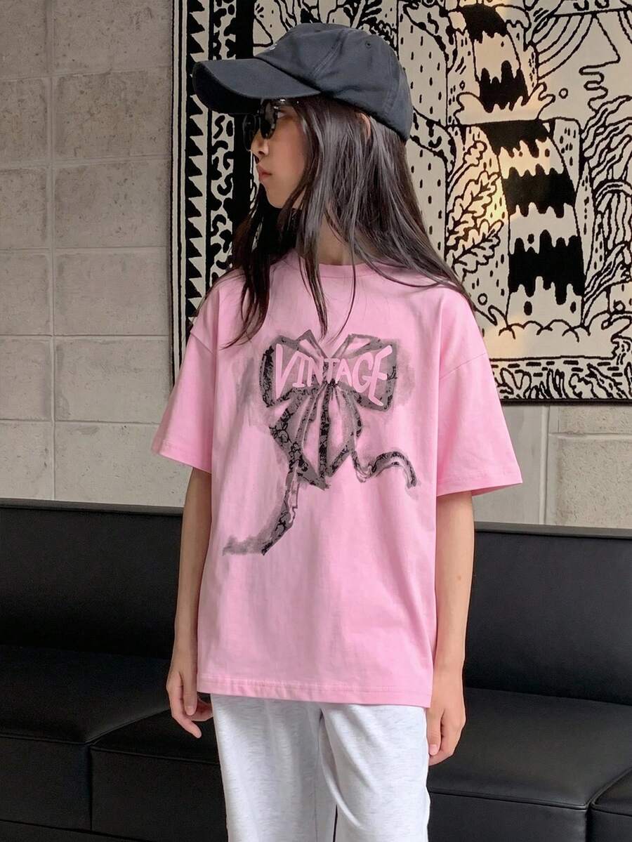 Dazy Kids 青少年女孩字母與蝴蝶結印花短袖休閒T恤 - 粉色 - 查看 1