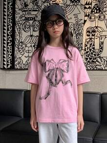 Dazy Kids 青少年女孩字母與蝴蝶結印花短袖休閒T恤 - 粉色 - 查看 3