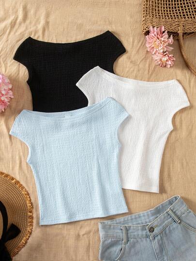 SHEIN 3件組青少年女孩夏季上衣 黑色休閒度假風 百搭夏季上衣