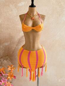 Soleia 2pcs Women Casual Boho Sexy Outdoor Elegant Sweater Set, Spring/Summer Beach Vacation Orange Orange And Pink - Orange - View 4
