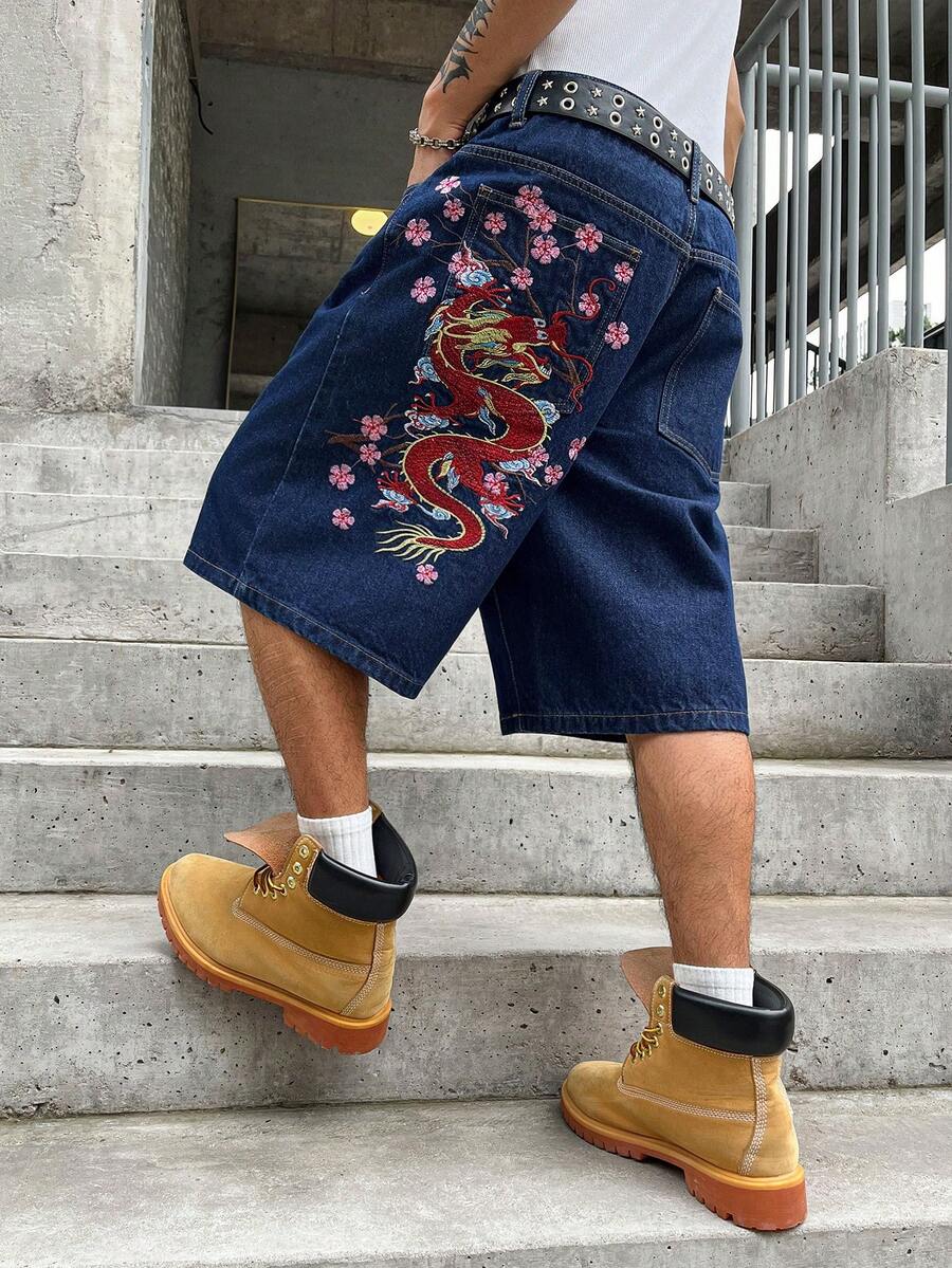 GALLERY FADE 男士休闲街头风刺绣蓝色牛仔短裤 - 深色水洗藍 - 查看 1