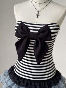 Attitoon Women's Bow Decor Striped Fashionable Bandeau Top - Black and White - View 3