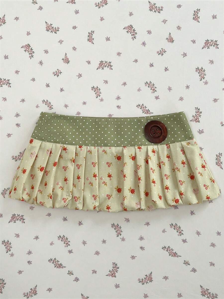 Elamini Colorful Floral & Polka Dot Patchwork Resin Buckle Decor Sexy Low Waist Skirt For Women, Suitable For Spring, Summer, Autumn - Apricot - View 1
