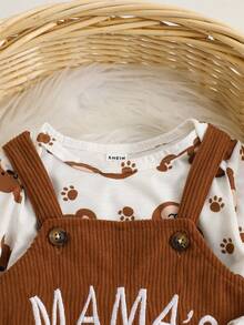 SHEIN Playful Pals 2件組男嬰長袖連身衣與圍兜褲套裝，熊與字母刺繡，棕色，秋季可愛端莊家庭款 Mamas Little Man 連身褲 - 棕色 - 查看 8