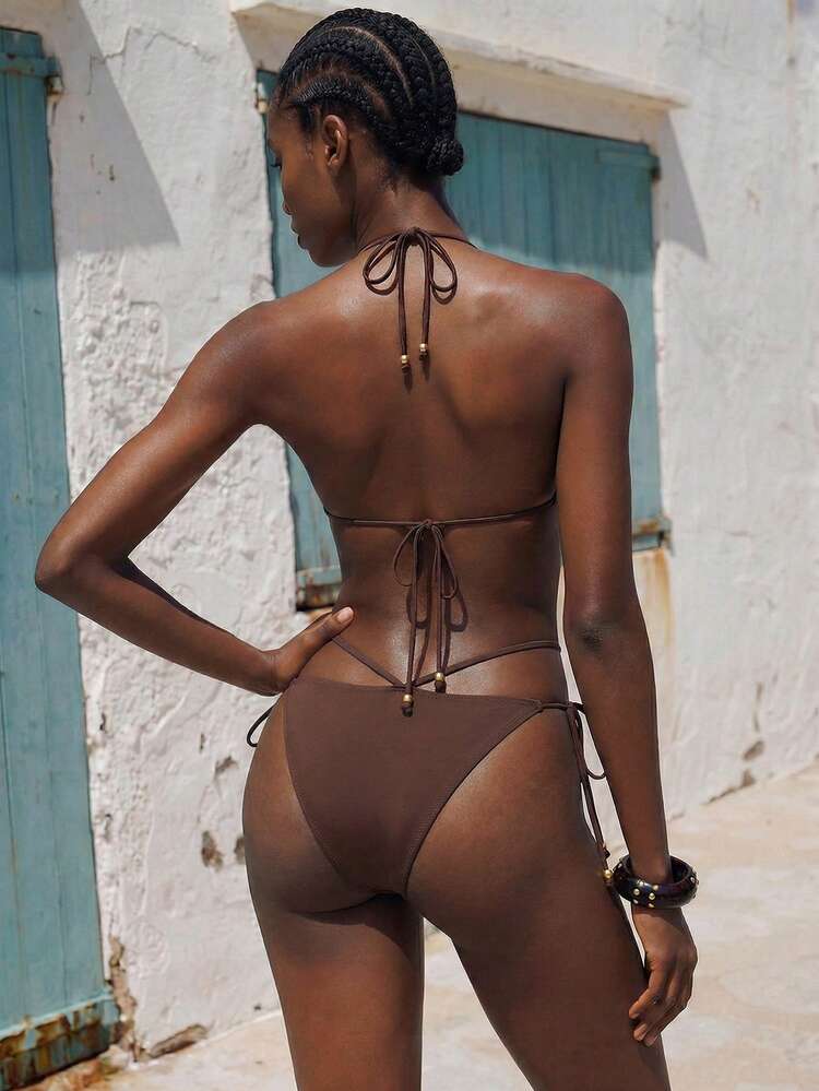 SHEIN Maija Damen Sommer Strand Nieten Dekor Neckholder Binden lässig Bikini und Dreieck Slip Badeanzug Set, Bikini Sets für Damen, Badeanzüge für Damen 2 Stücke, Bikini Sets für den Strand, Urlaub