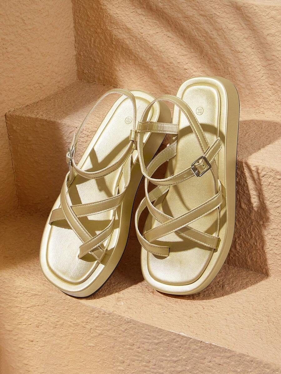 HighSole Women Shoes Spring And Summer New Multi-Belt Cross Back Buckle Design Open Thick Sole Simple Versatile Style Gold Sandals Daily Commuting Shopping Wear - Light gold - View 1