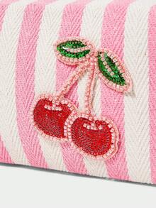 SHECARRY Ladies Fashion Pink And White Striped Cherry Embroidered Cosmetic Bag, Rhinestone Decorated Canvas Storage Bag, Portable Beauty Bag - Pink - View 7