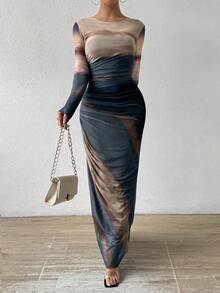 Rafferiza Tie-Dye Pleated Mesh Dress With Slim Fit Maxi Women Outfit Fall Cloth For Women - Light Grey - View 5