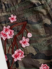 ROMWE MEN Men's Floral Embroidery Pattern Loose Fit Denim Shorts With Wide Waistband - Multicolor - View 5