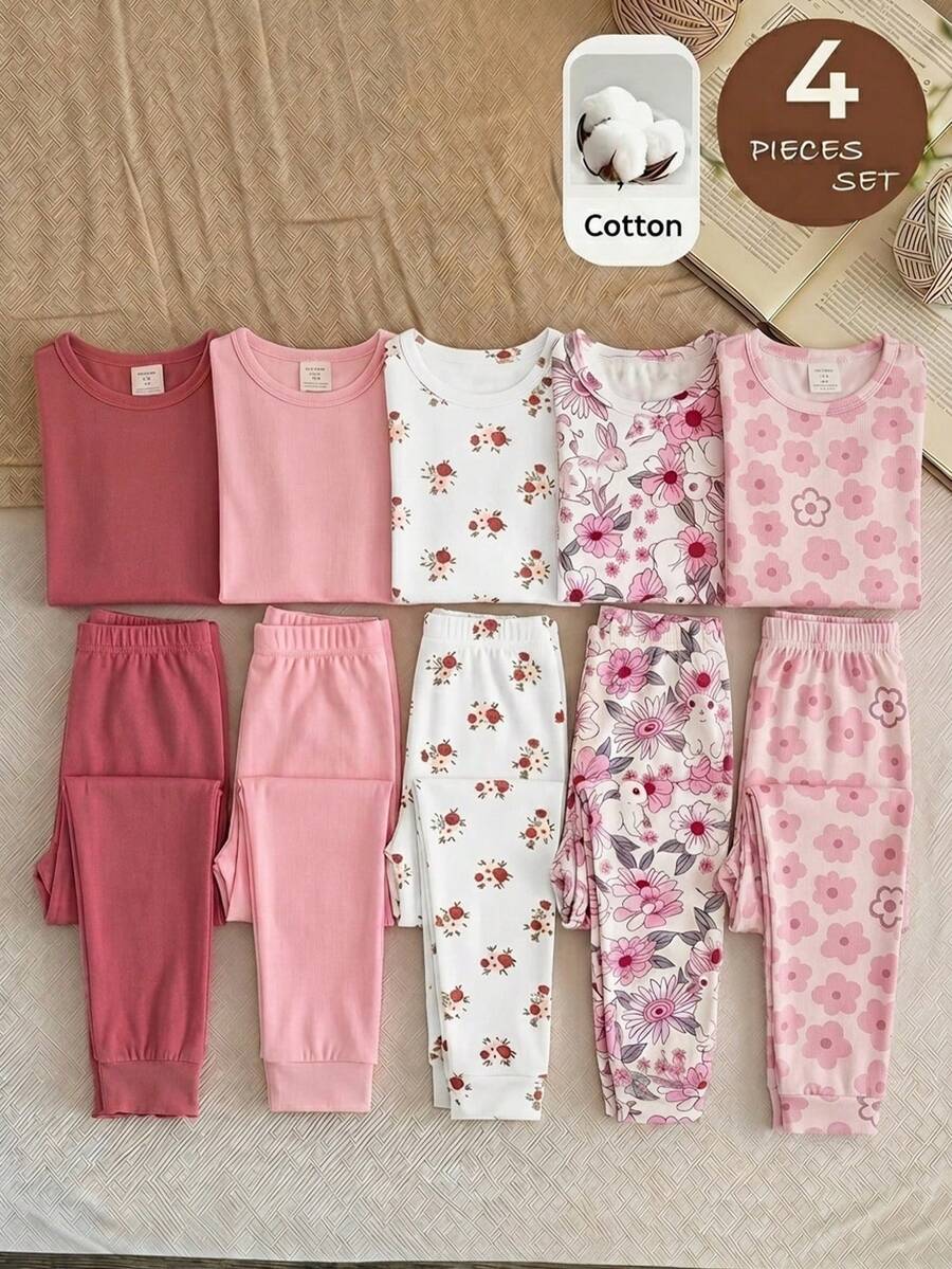SHEIN Bộ đồ mặc nhà 4 món cho bé gái, kiểu dáng tối giản, ôm sát, cổ tròn, tay ngắn và quần, thích hợp cho mùa xuân và mùa hè. - Nhiều màu - Xem 1