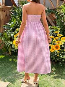 SHEIN Maternity Plaid Ruched Casual Vacation Dress - Pink - View 2