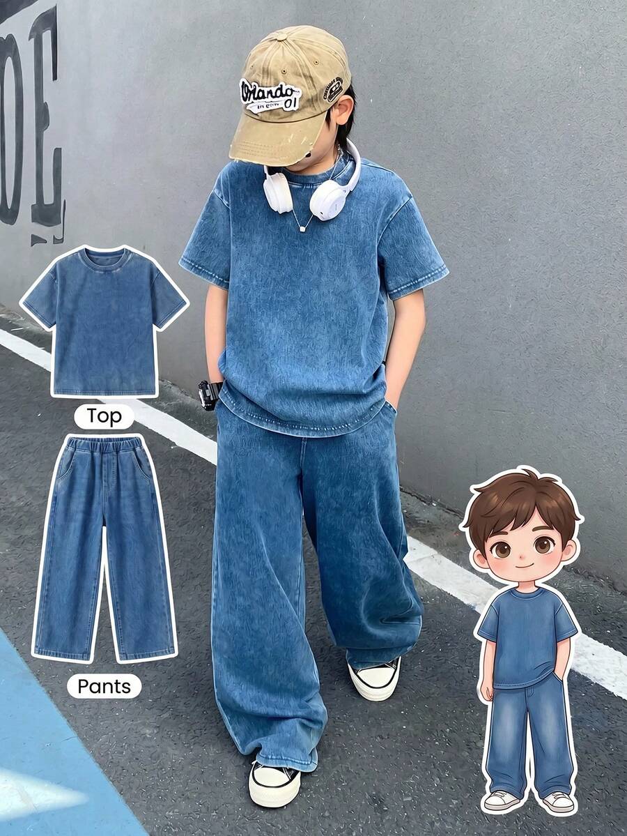 SHEIN 男童两件套舒适柔软针织蓝色牛仔短袖小圆领T恤上衣和宽松阔腿舒适柔软牛仔裤，适合男童日常穿着和四季穿着。