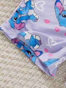 1pc Girls' Stitch Cartoon Jumpsuit,Soft Purple & Pink,Summer Cute Holiday Home Wear,All-Over Heart Print,Front Zipper Polyester Snug Fit - Multicolor - View 5