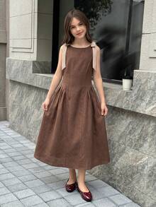 SHEIN 青少年女孩拼色蝴蝶結收腰洋裝，休閒優雅時尚百搭日常穿著，適合儀式、派對及所有場合，新款女童洋裝 - 棕色 - 查看 5