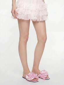 ROMWE Kawaii Women's Pleated Ruffle Open Toe Comfortable Versatile Square Toe Flat Sandals, Pink, Spring/Summer, Suitable For Outdoor, Party,Beach Outfits - Baby Pink - View 4
