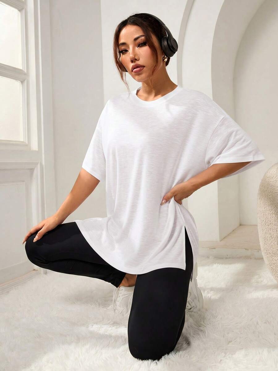 SHEIN Sports 休閒百搭大尺碼白色側開衩短袖運動T恤 - 白色 - 查看 1