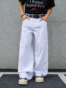 Manfinity EMRG Men's Casual Everyday Commute Solid Color Loose Fit Wide Leg Jeans With Side Pockets, Belt Not Included - White - View 6