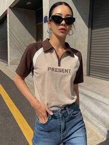 DAZY Damen bedrucktes Farbblock Kurzarm T-Shirt Sommer, Crop Tops für Frauen - Verschiedenfarbig - Übersicht 10