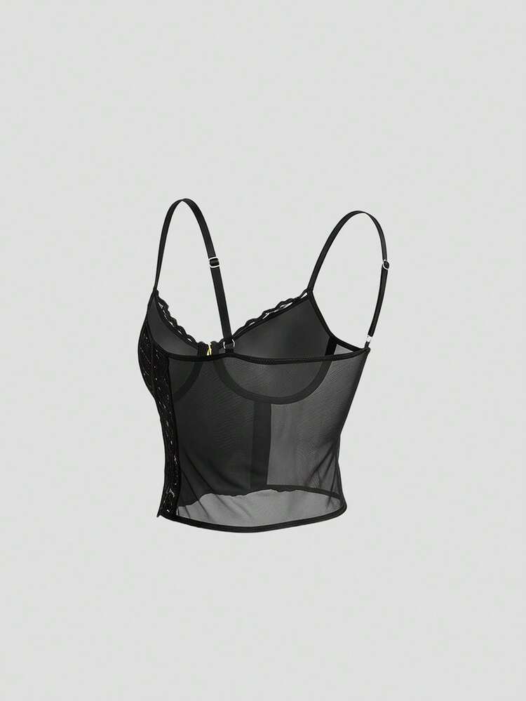 Sequin Decor Lace Patchwork Spaghetti Strap Lightly Padded Bra For Women