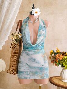 Soleia Plus Size Vacation Beach Gym Mesh Printed Cover-Up Summer - Blue - View 1