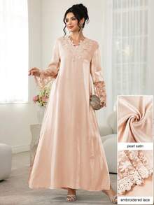 Najma V-Neck Floral Embroidery Long Sleeve Patchwork Ruffle Hem Maxi Dress Turkish And Arabic Traditional Style - Pink - View 5