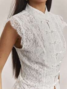 SHEIN BAE Women's Elegant 70s Retro Sexy Sheer Floral Lace Cheongsam Style Top, Suitable For Party, Banquet, Luxury, Date, Casual, Outing, 2026 Fashion White - White - View 6