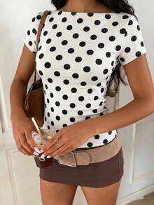 CovetEZ Casual Minimalist Sexy Off-Shoulder Black Polka Dot Short Sleeve T-Shirt, Suitable For Spring/Summer, Cream Striped Design Makes You Look More Radiant - Multicolor - View 6