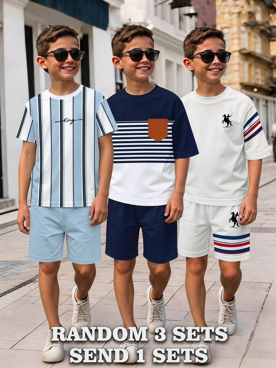 [Random 3 Sets,Send 1 Sets] Tween Boy Navy And White Summer Casual Beach Comfortable Minimalist Round Neck Short Sleeve T-Shirt And Shorts Set Outfits