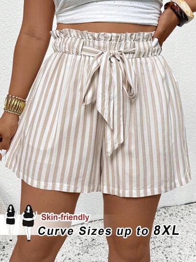 SHEIN CURVE+ Shorts casuales de mujer talla grande con rayas, bolsillo en la cintura, shorts casuales de primavera y verano, shorts casuales de vacaciones, shorts a rayas de mujer