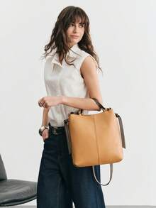 SHECARRY Ladies Brown Tote Bag, Smooth And Soft Flat PU Contrasting Color, Exquisite And Simple, Vintage   Large-Capacity Shoulder Bag,  For Ladies, Mothers, Daily, Commuting, Shopping - Brown coffee - View 9
